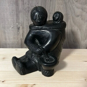 Vintage A WOLF  ORIGINAL Mother & Child Carved Sculpture Statue Inuit